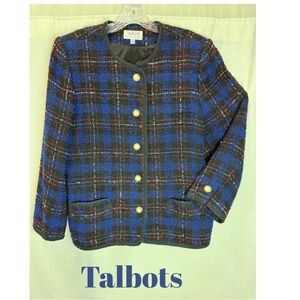 Talbots Petites Tweed Plaid Blazer Jacket Blue Black Red Gold Button Classic 14P